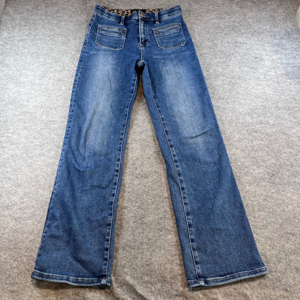 Risen Jeans Womens Straight Leg Blue Leopard Trim Patch Pocket 9/29 High Rise